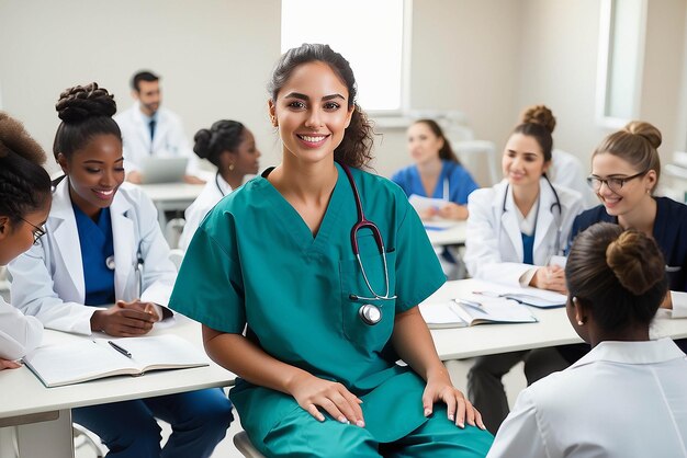 Un joven estudiante de medicina se sienta en una mesa en un hospital universitario sonriendo y rodeado de profesionales de la salud aprendiendo y entrenando para convertirse en los mejores proveedores de atención médica