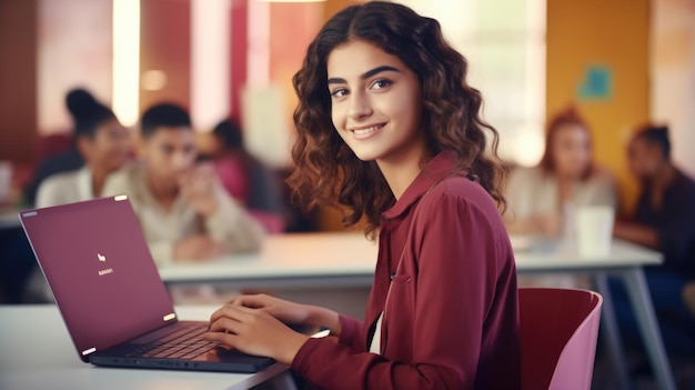 Joven estudiante mirando felizmente su computadora portátil con fondo borroso blanco