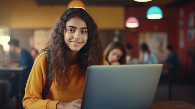 Joven estudiante mirando felizmente su computadora portátil con fondo borroso blanco