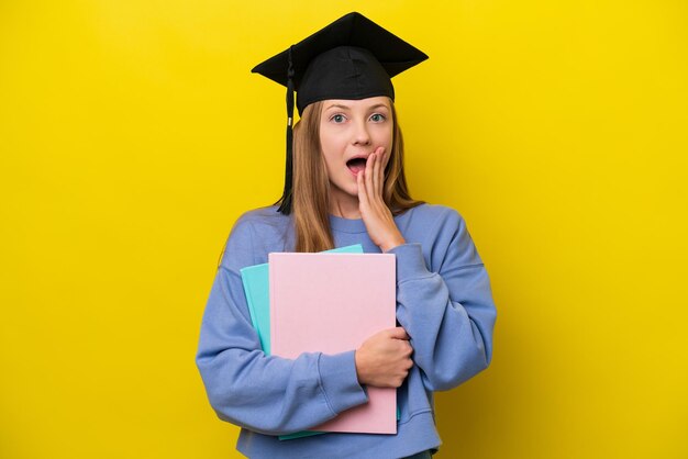 Foto joven estudiante mujer rusa aislada de fondo amarillo con sorpresa y expresión facial conmocionada