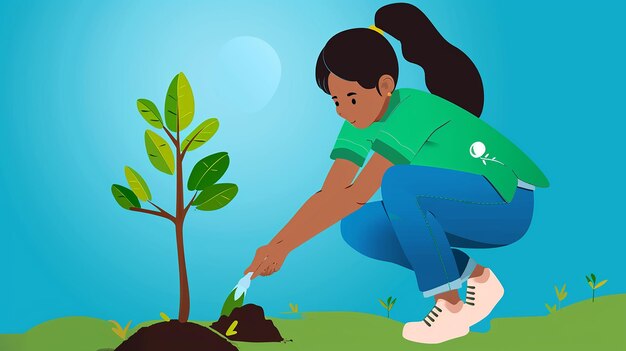 Foto un joven estudiante planta un árbol para la educación ambiental