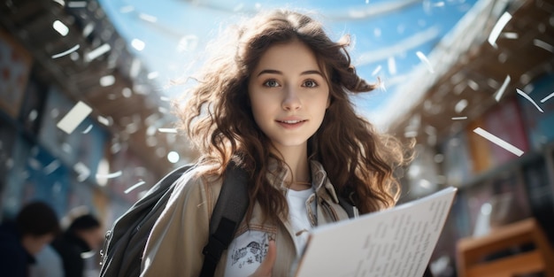 Joven estudiante positiva que lleva libros y una mochila por la escuela