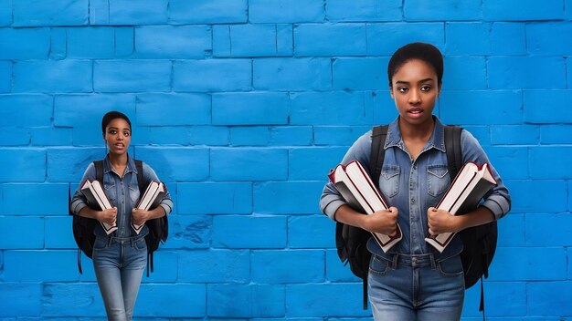 Foto joven estudiante con ropa de vaqueros y mochila sostiene libros aislados en la pared azul