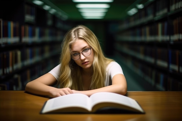 Joven estudiante rubia leyendo en una biblioteca universitaria creada con ai generativo