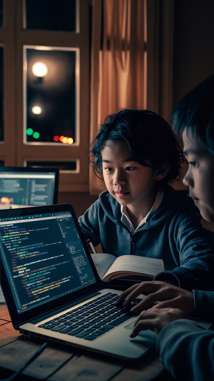 Foto joven estudiante sentado en la mesa y usando la computadora portátil