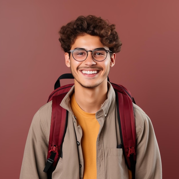 Un joven estudiante sonriente con cabello rizado y gafas.