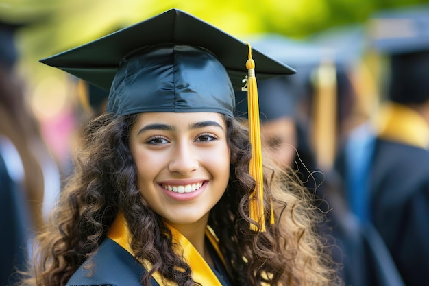 Joven estudiante sonriente en la graduación o graduación vestido con vestidos y biretta