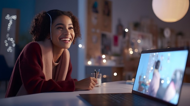 Foto una joven estudiante sonriente en una videollamada con su maestra