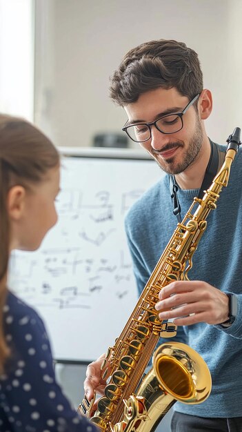 Un joven estudiante tocando el saxofón con entusiasmo en la clase.