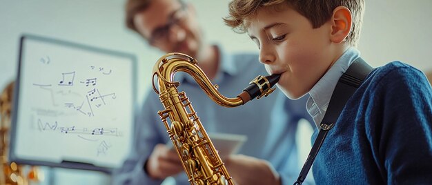 Un joven estudiante tocando el saxofón con entusiasmo en la clase.