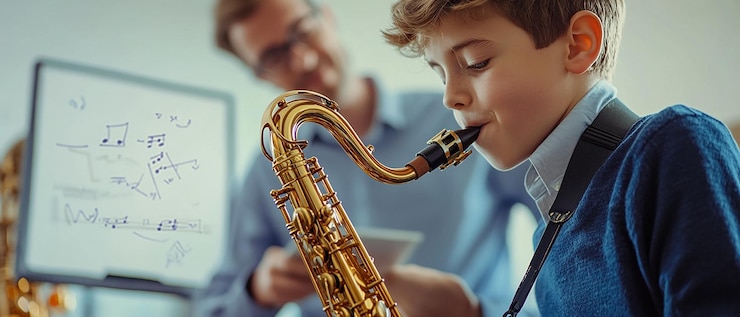 Foto un joven estudiante tocando el saxofón con entusiasmo en la clase.