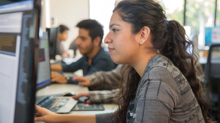 Foto joven estudiante trabajando en la computadora en la biblioteca