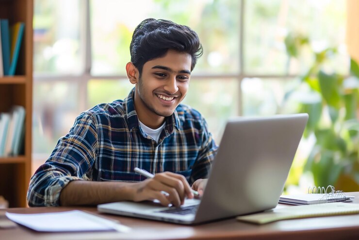 Un joven estudiante trabajando en una computadora portátil