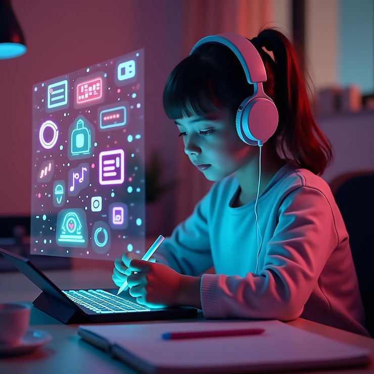 Joven estudiante trabajando con tableta y auriculares