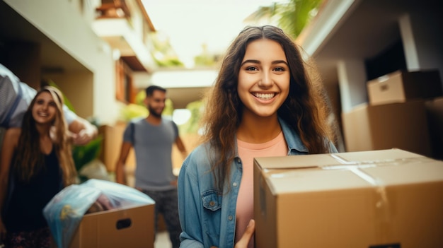 Joven estudiante universitaria moviendo sus cosas de casa a un dormitorio universitario con sus padres sonrientes en el fondo