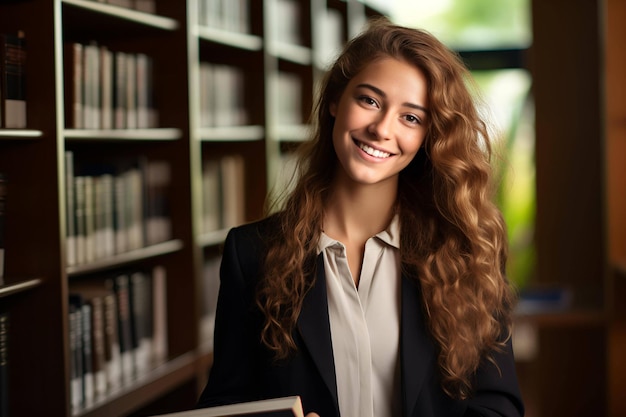 Joven estudiante universitaria sonriente en la biblioteca entre las estanterías