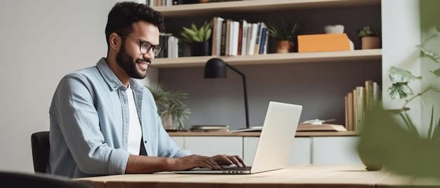 Joven estudiante usando computadora portátil en casa estudiando