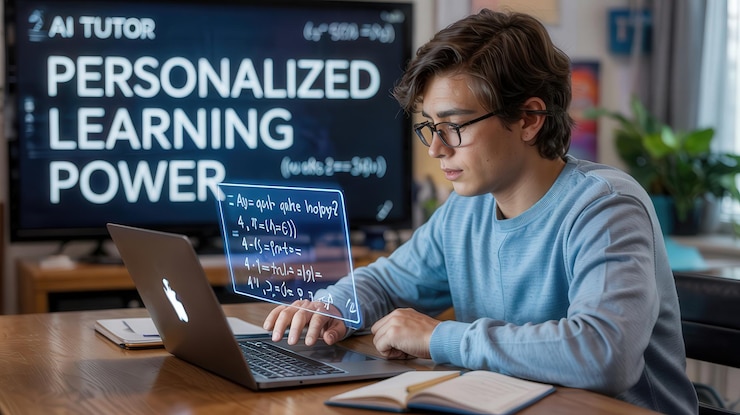 Foto joven estudiante usando una plataforma de aprendizaje personalizado impulsada por ia en una computadora portátil con ecuaciones digitales mostradas