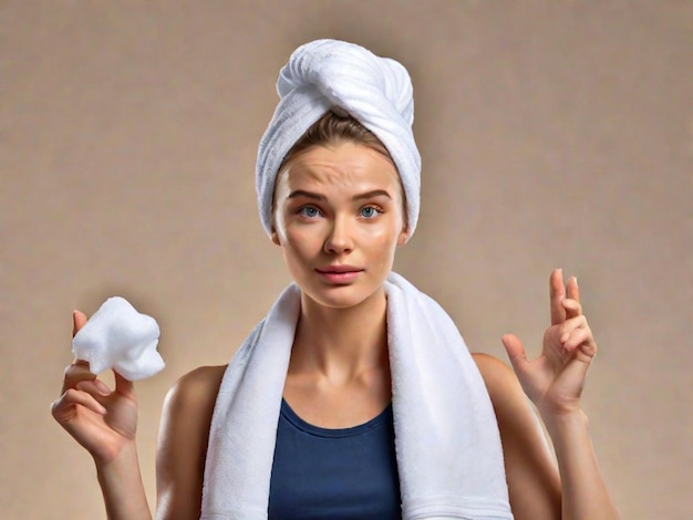 Foto una joven europea hace un gesto de silencio con una toalla suave en la cabeza.