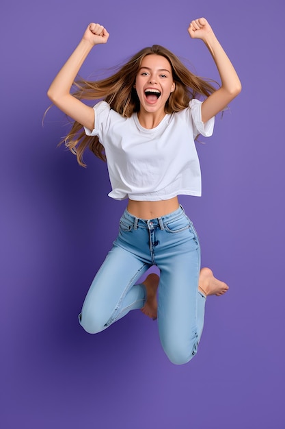 Foto joven excitada en camiseta blanca saltando sobre un fondo violeta