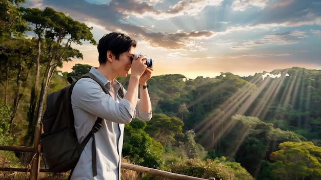 Joven excursionista asiático y mochila usan la cámara para tomar fotos en el punto de vista en el espacio de copia del bosque