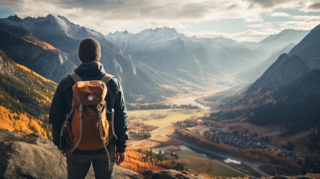 Joven excursionista con mochila en las montañas