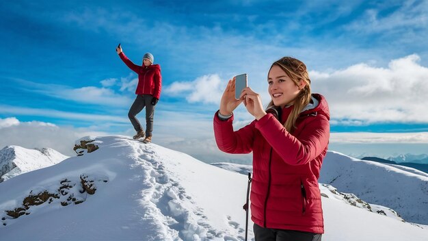 Una joven excursionista toma una foto con su teléfono inteligente en el pico de las montañas en invierno