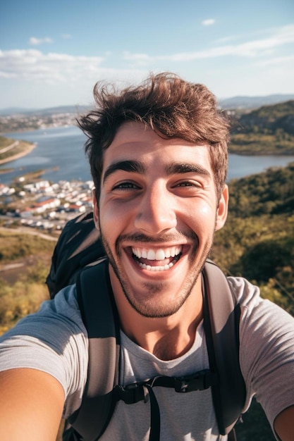 Foto joven excursionista tomando un retrato selfie en la cima de la montaña feliz chico sonriendo a la cámara de senderismo