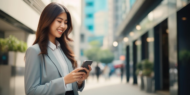 Joven y exitosa mujer de negocios hermosa sosteniendo un teléfono móvil y parada en una calle de la ciudad