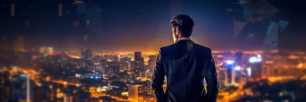 Joven y exitoso hombre de negocios mira el horizonte nocturno de la ciudad IA generativa