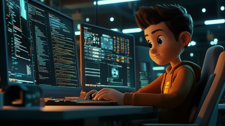 Foto un joven experto en ciberseguridad trabaja diligentemente en su configuración de doble computadora decodificando amenazas digitales en un entorno de alta tecnología durante las horas de la noche