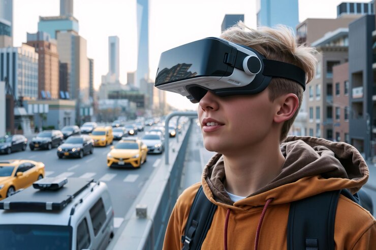 Foto joven explorador urbano con una visera ar navegando por un paisaje urbano futurista