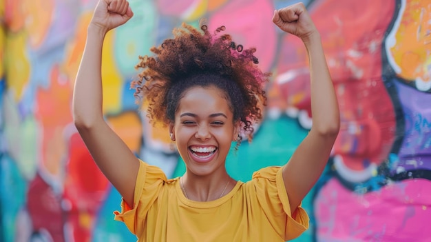 Una joven exuberante celebra con entusiasmo