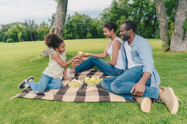 joven familia afroamericana haciendo un picnic en el campo