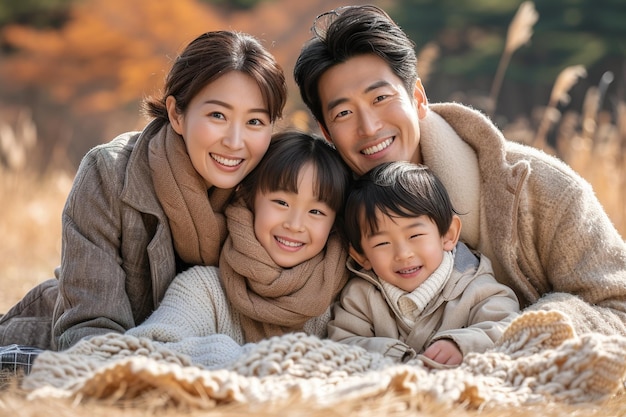 Joven familia asiática disfrutando juntos en el campo posando frente a la cámara
