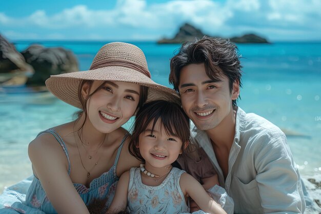 Joven familia asiática disfrutando juntos en la playa en las vacaciones de verano