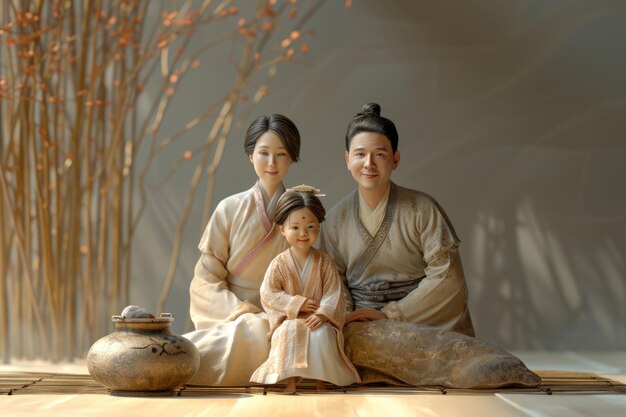 Una joven familia asiática sentada en el suelo.