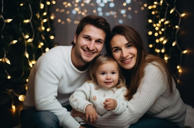 Foto joven familia feliz en la víspera de navidad
