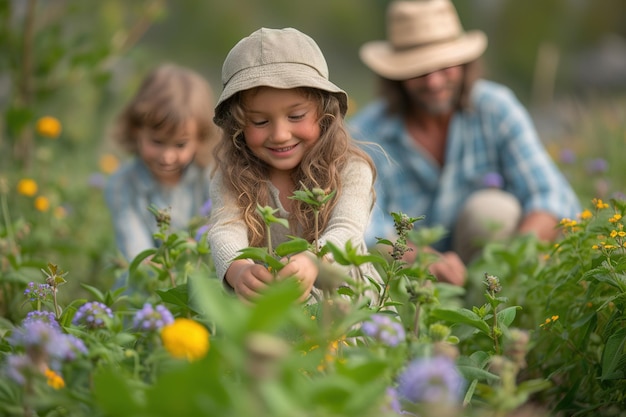 Una joven familia con niños está haciendo jardinería en primavera