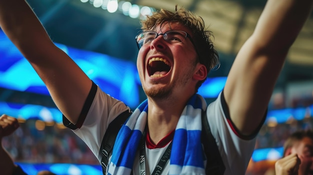 Foto joven fanático feliz en un partido de fútbol levantando los brazos en aclamación