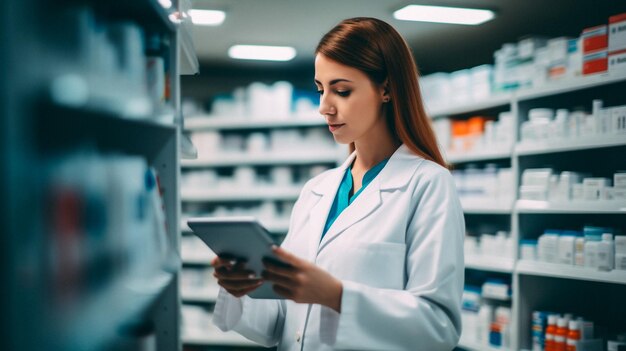 Foto joven farmacéutica de una farmacia