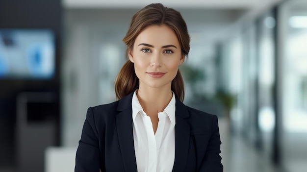 Joven feliz alegre mujer de negocios profesional feliz riendo trabajadora de oficina con gafas mirando hacia otro lado en el espacio de copia oportunidades de trabajo de publicidad o buenos servicios comerciales