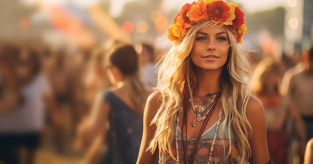 Una joven feliz con atuendos bohemios se va de fiesta en un festival de música u otra celebración hippie Una joven baila al ritmo del concepto boho de las vacaciones de verano Espacio de copia