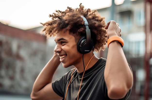 Joven feliz con auriculares