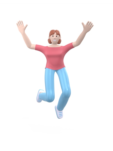Una joven feliz baila, salta, levita y levanta los brazos