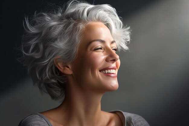 Una joven feliz con cabello gris al estilo de suave y pulido con IA generativa