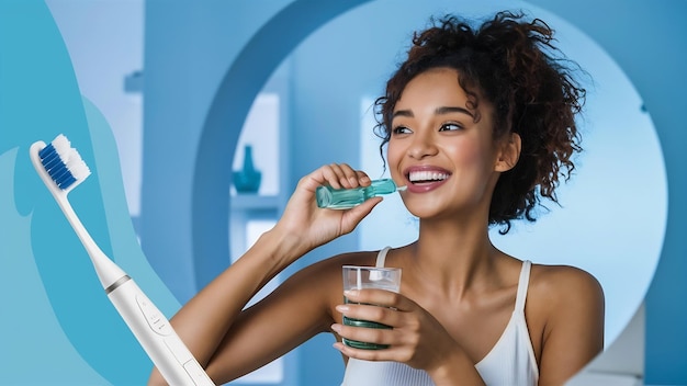 Una joven feliz de cabello rizado sostiene un vaso de enjuague bucal fresco y un cepillo de dientes eléctrico se somete a higiene