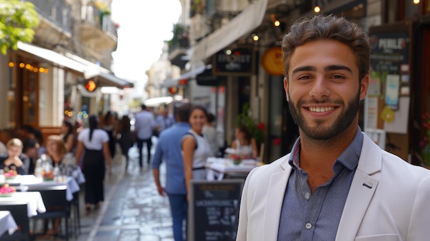 Joven feliz en un café callejero