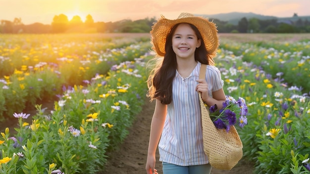 Una joven feliz caminando por un campo de flores al atardecer con un sombrero de paja y una bolsa llena de flores.