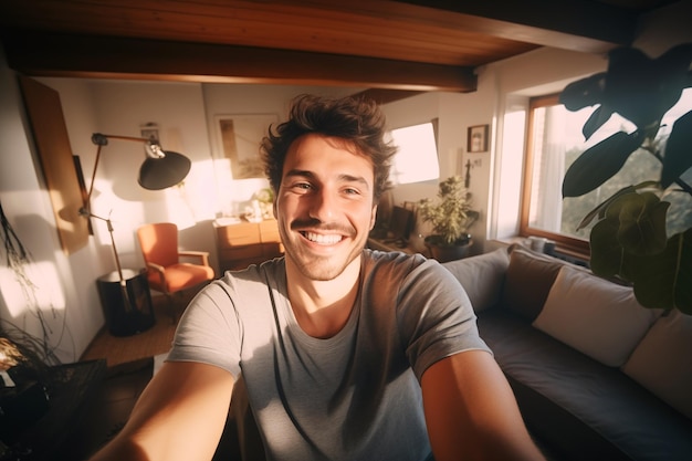 Un joven feliz y casual tomando una selfie en casa.